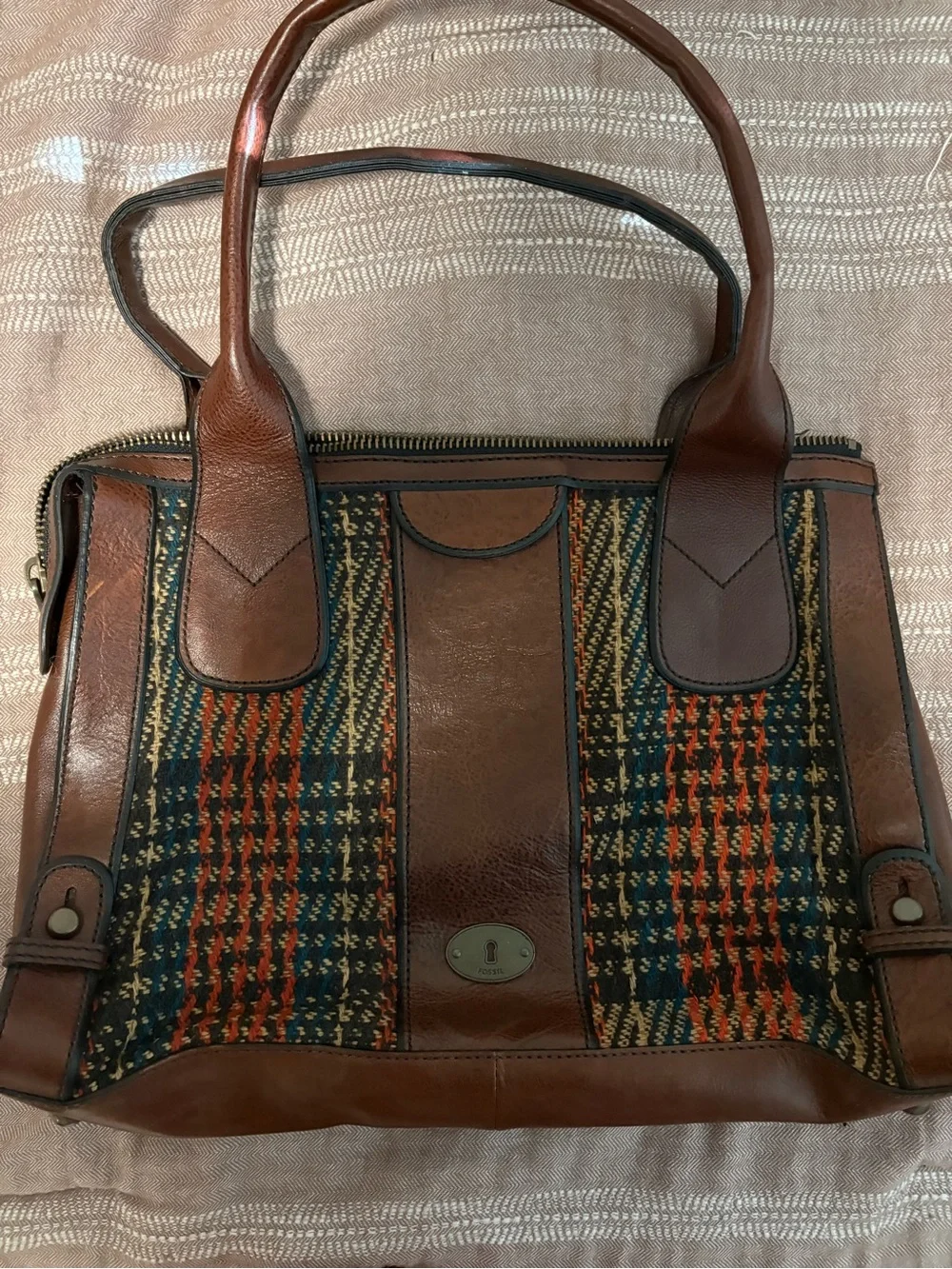 Fossil Brown Leather Shoulder Bag with Multicolor Woven Panels